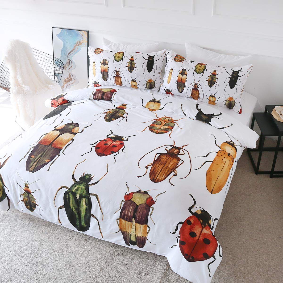 Blessliving Insects Beetles Bedding Insect Watercolor Print Duvet Cover Vintage Quilt Cover 3 Pieces Colorful Hipster Bed Set (Single)