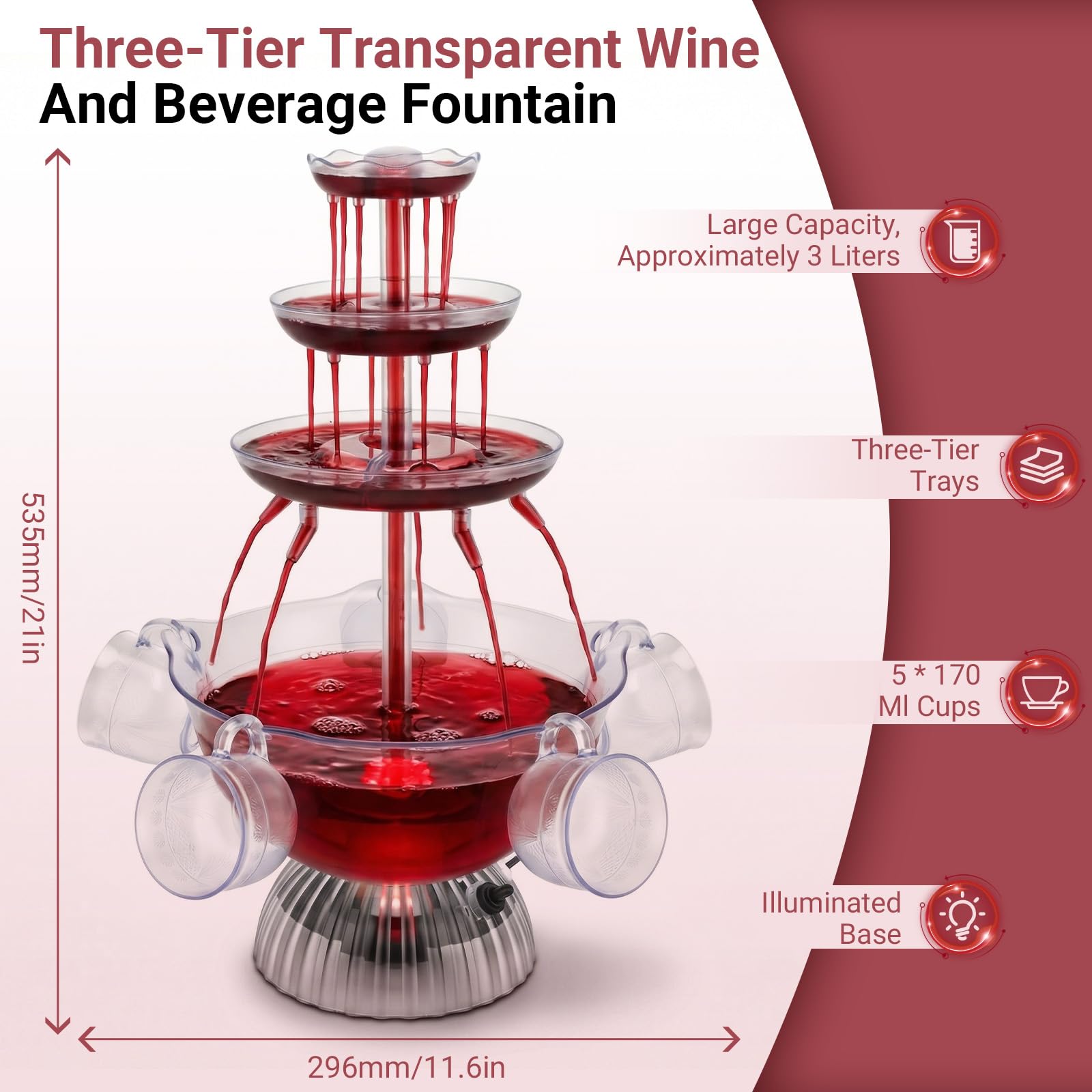 3-Stufiger Klarer Partybrunnen,4L Getränkebrunnen Zimmerbrunnen mit 5 Stück Bechern,Cocktail Brunnen LED-Beleuchteter Sockel,Saft Und Weinbrunnen Trinkbrunnen für Kneipen, Hauspartys