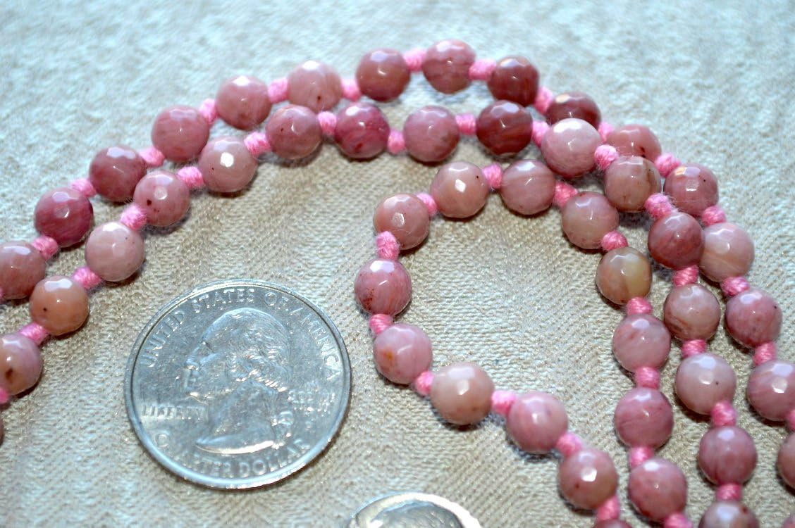 Hand Knotted Rhodonite Mala Beads Necklace - 6mm 108 Beads