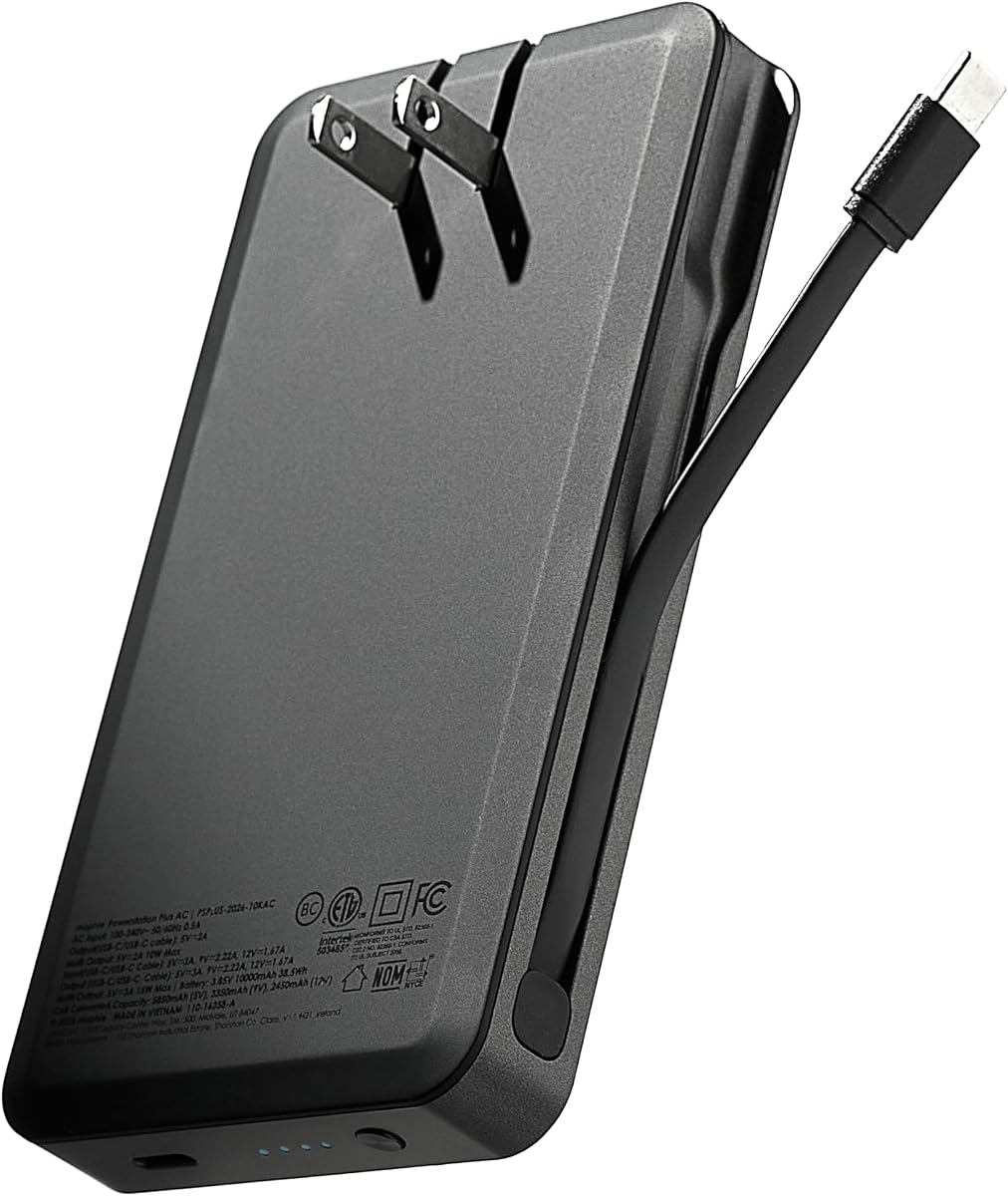 Cargador portátil Powerstation Plus AC 10K, serie estándar | Banco de energía de 10,000 mAh para iPhone 17/16, cable USB-C integrado, clavijas de pared plegables, carga rápida de 20 W, compatible con aerolíneas