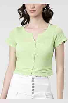 ICW Women's Knit-Rib Acrylic Short-Sleeve Hollow Out Button-Up