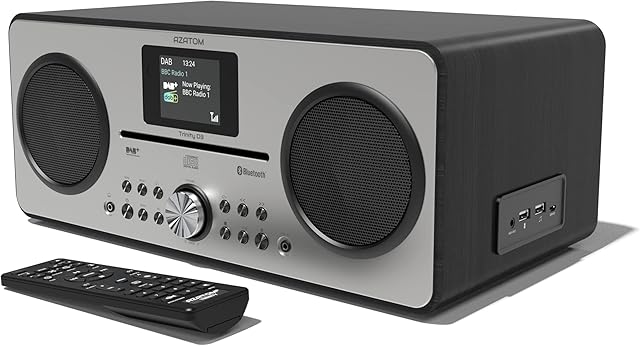 DAB DAB+ Digital FM Radio, CD player, Bluetooth Stereo Speaker System, USB charger, USB MP3 player, Premium Sound, Alarm, Equalizer, Remote Control (AZATOM Trinity Black/Silver)