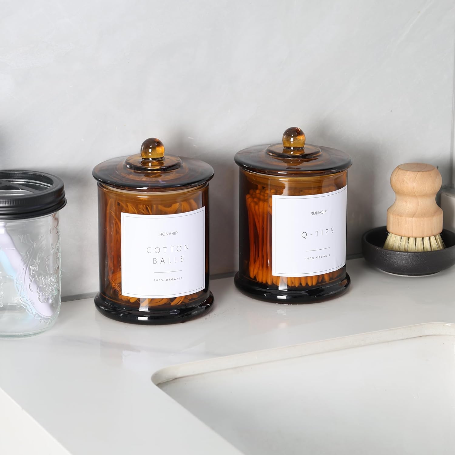 Qtip Holder & Cotton Pad Dispenser, Bathroom Organizer and Storage Canisters, 16oz Glass Apothecary Jars for Kitchen, Restroom - Home Decor Accessories, Room Decor Aesthetic (2 Pack, Amber) - Image 6