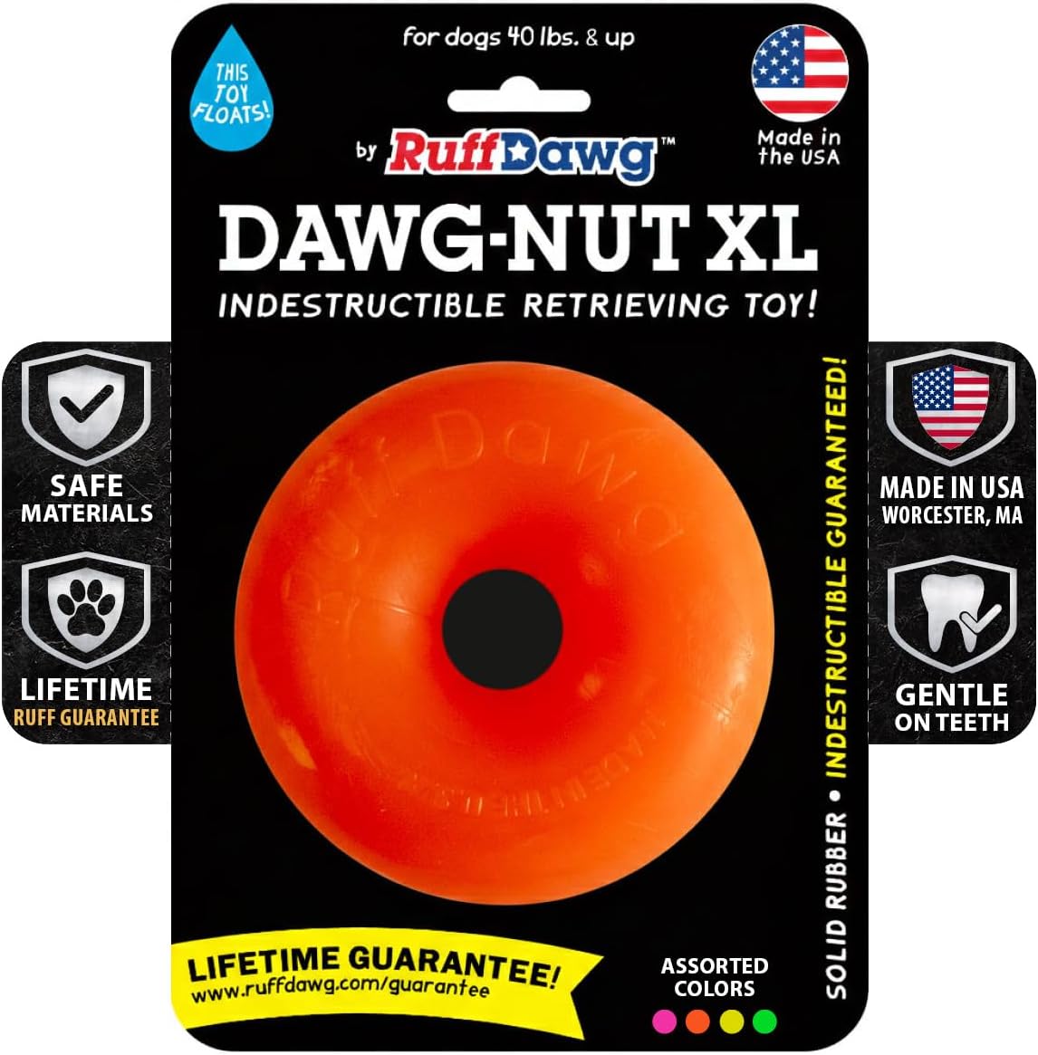 Ruff Dawg Dawg-Nut XL 4.5” – Heavy-Duty Solid Rubber Donut Dog Chew Toy for Dogs 40 lbs & Up – Floats & Bounces – Made in USA – Assorted Neon Colors