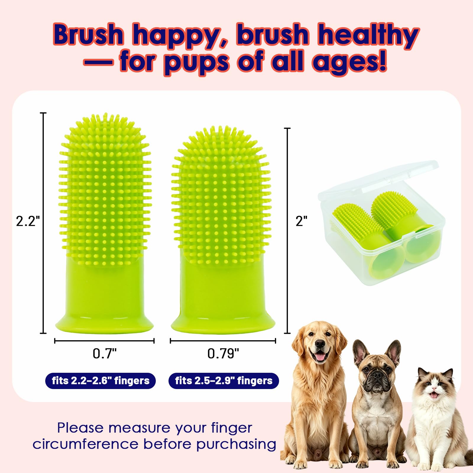 Spazzolino da denti per cani, confezione da 2, dimensioni piccole e grandi per una migliore vestibilità delle dita, spazzolino da denti in morbido silicone per uso alimentare, setole a 180° per la