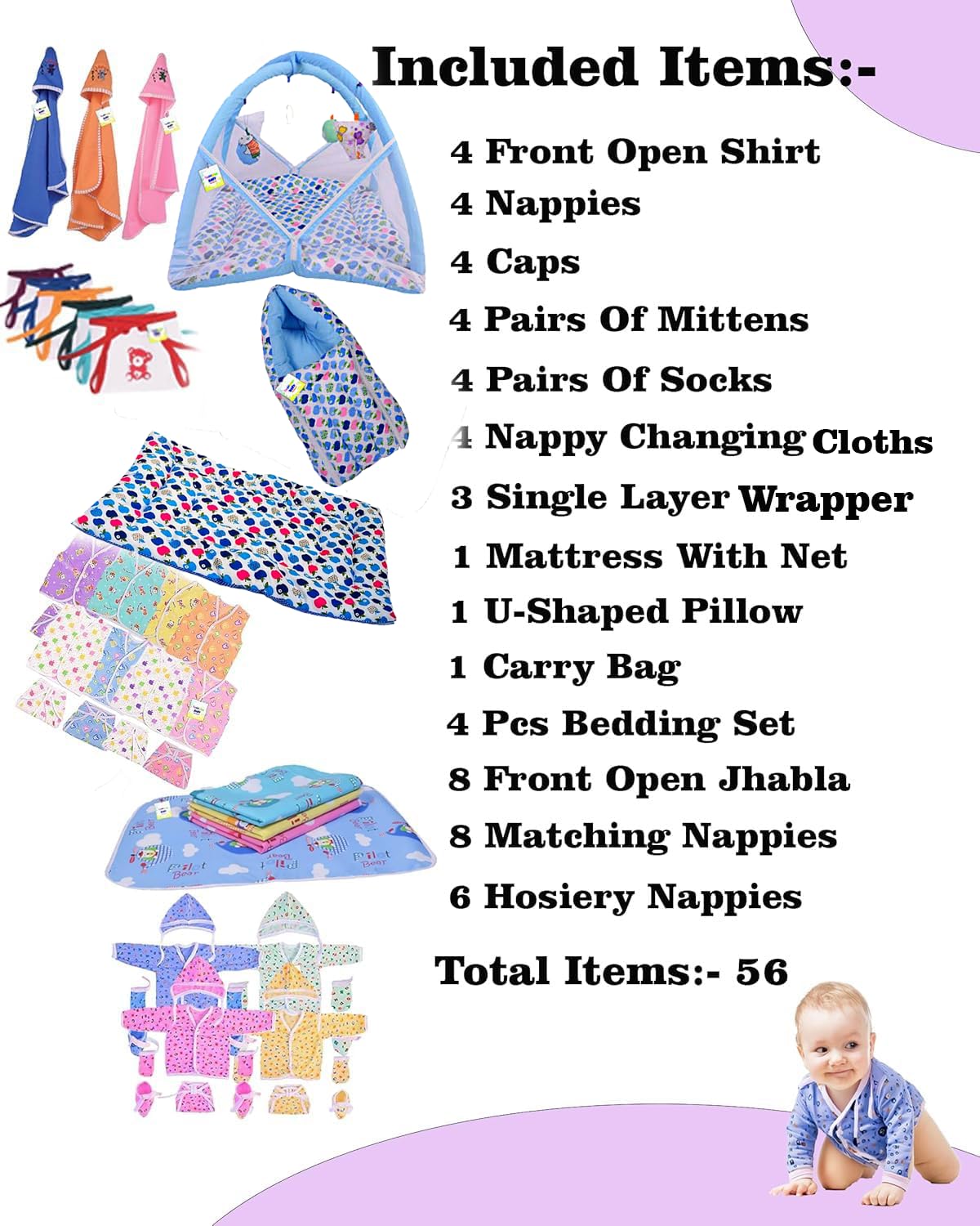 Toddylon Flat Bed 56 in 1 New Born Baby Products All | Gift Packs | Bedding Set | Maternity Kit | Baby Shower | Baby Clothing Set | Essentials Items | Combo Pack (0-6 Months, Multicolor) - Image 3 thumbnail