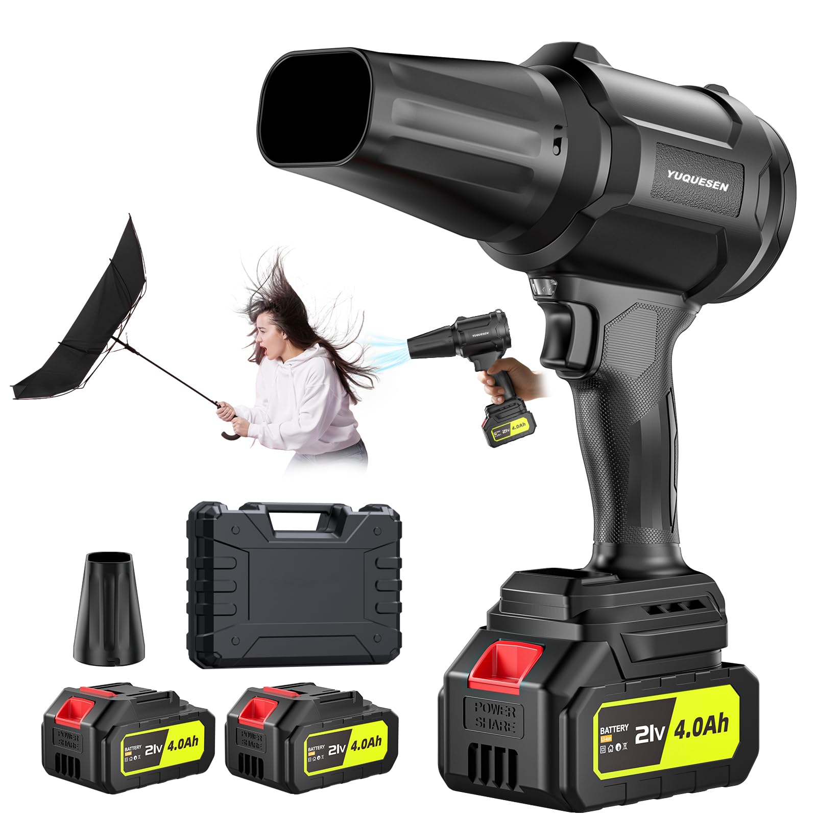 Cordless Leaf Blower, 500000RPM Handheld Leaf Blower with 2 X 4.0Ah Batteries & Charger, Lightweight Leaf Blowers for Patio Cleaning, Lawn Care, Leaves, Dust, Pure Black