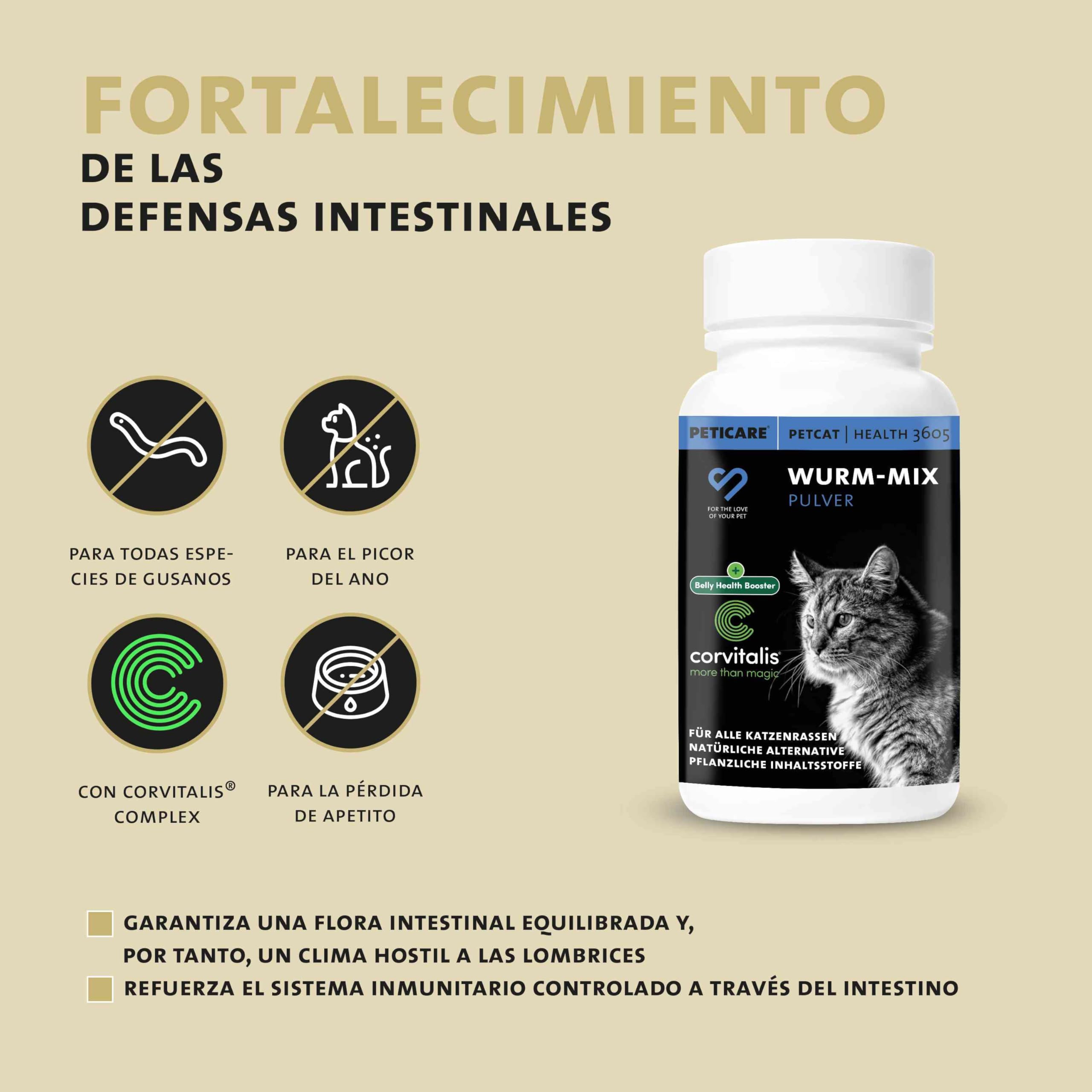 Peticare Desparasitante Antiparasitario para Gatos | Polvo de Hierbas | Remedio 100% Natural con Curcuma y Tomillo contra Gusanos Intestinales, Anquilostomas, Higiene Intestinal | petCat Health 3605
