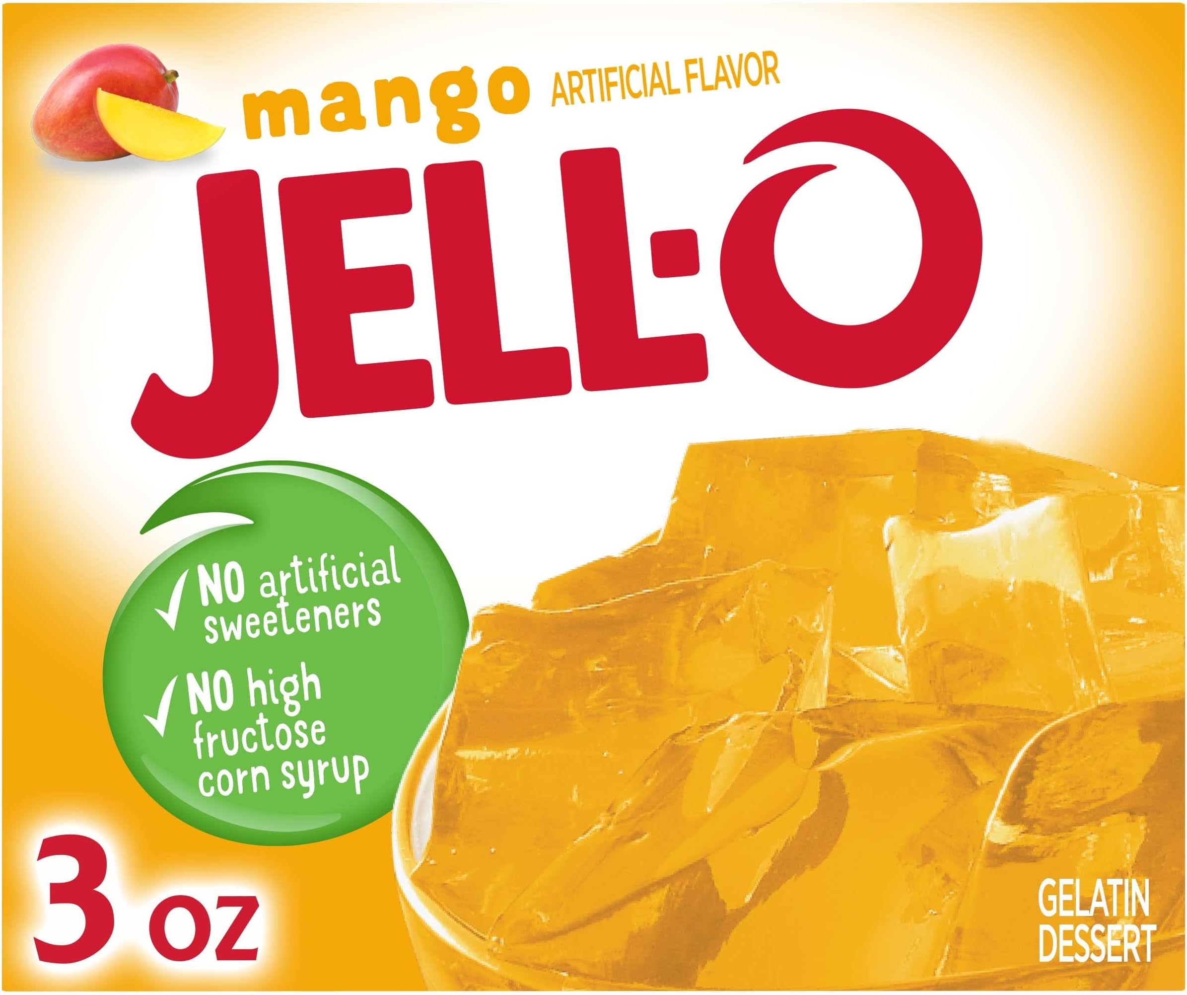 Jell-O Gelatin Dessert Mix, Mango Flavor, Classic Fruit Gelatin for Desserts, Snacks & Party Recipes, 3 oz (Pack of 24)