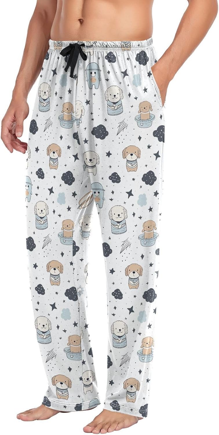 ALAZA Cute Puppy Dog Stars Space Men's Sleepwear Mens Pajama Pants Bottoms with Pockets, S