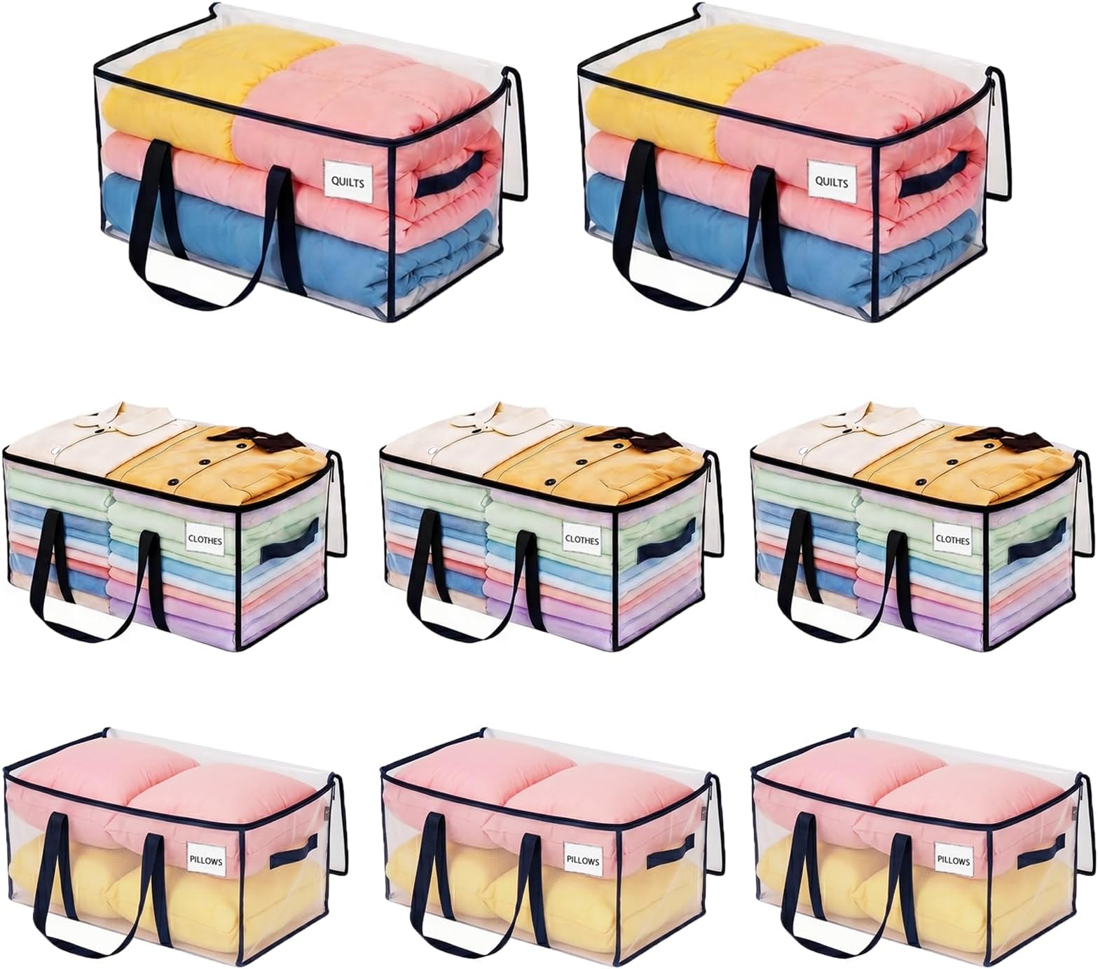 VENO 8 Pack Extra Large Moving Storage Bags with Zips, Heavy-Duty Organizer Tote, Moving Box Alternative, Packing Supply, Clothes Storage Bin, Tag Pocket for Label, Water-Resistant (Clear, 8 Pack)