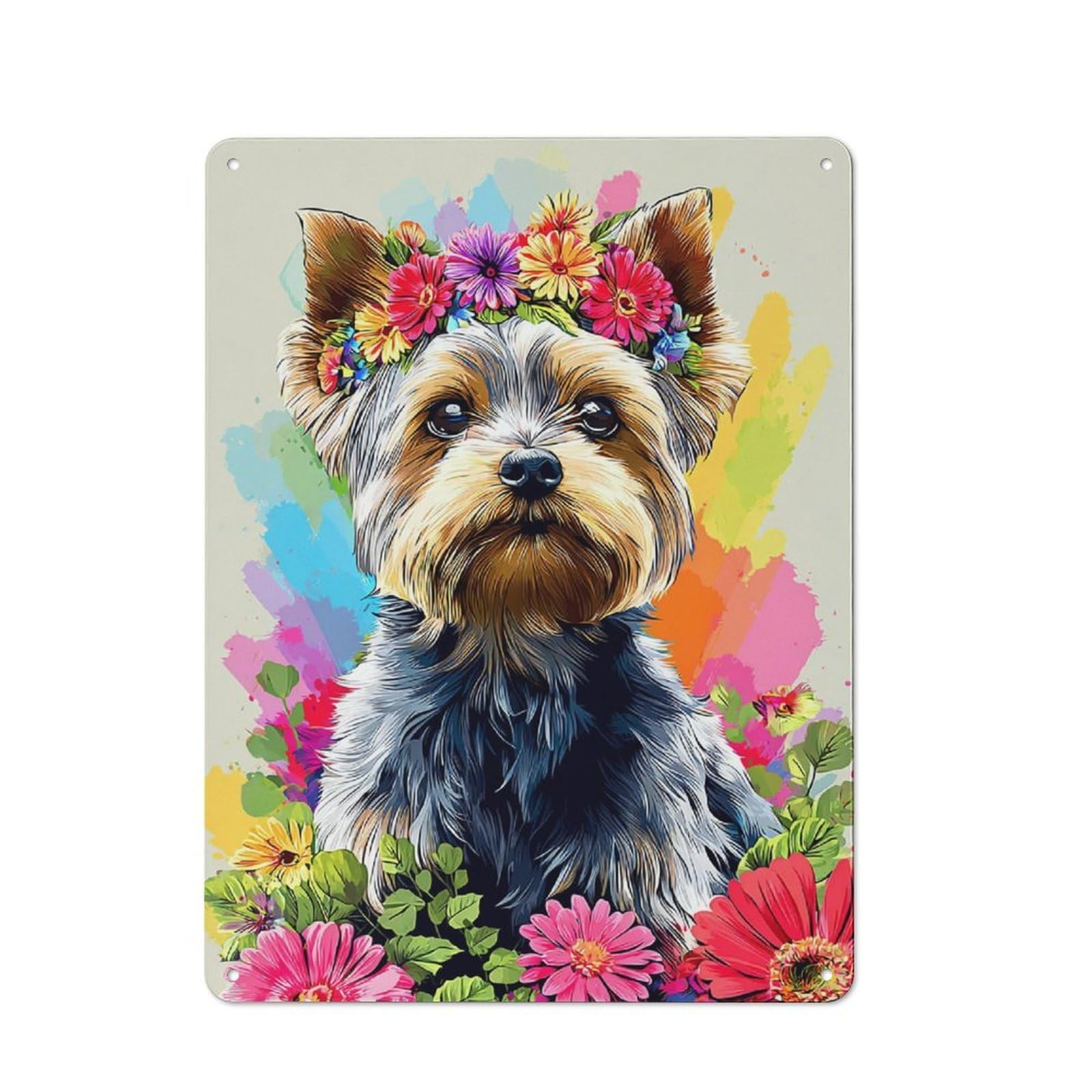 Classic Metal Plaque 40x30cm Featuring Floral Crown Yorkie Portrait, Bistro Wall Plaque for Kitchen, Cafe, Pantry Or Dining Room