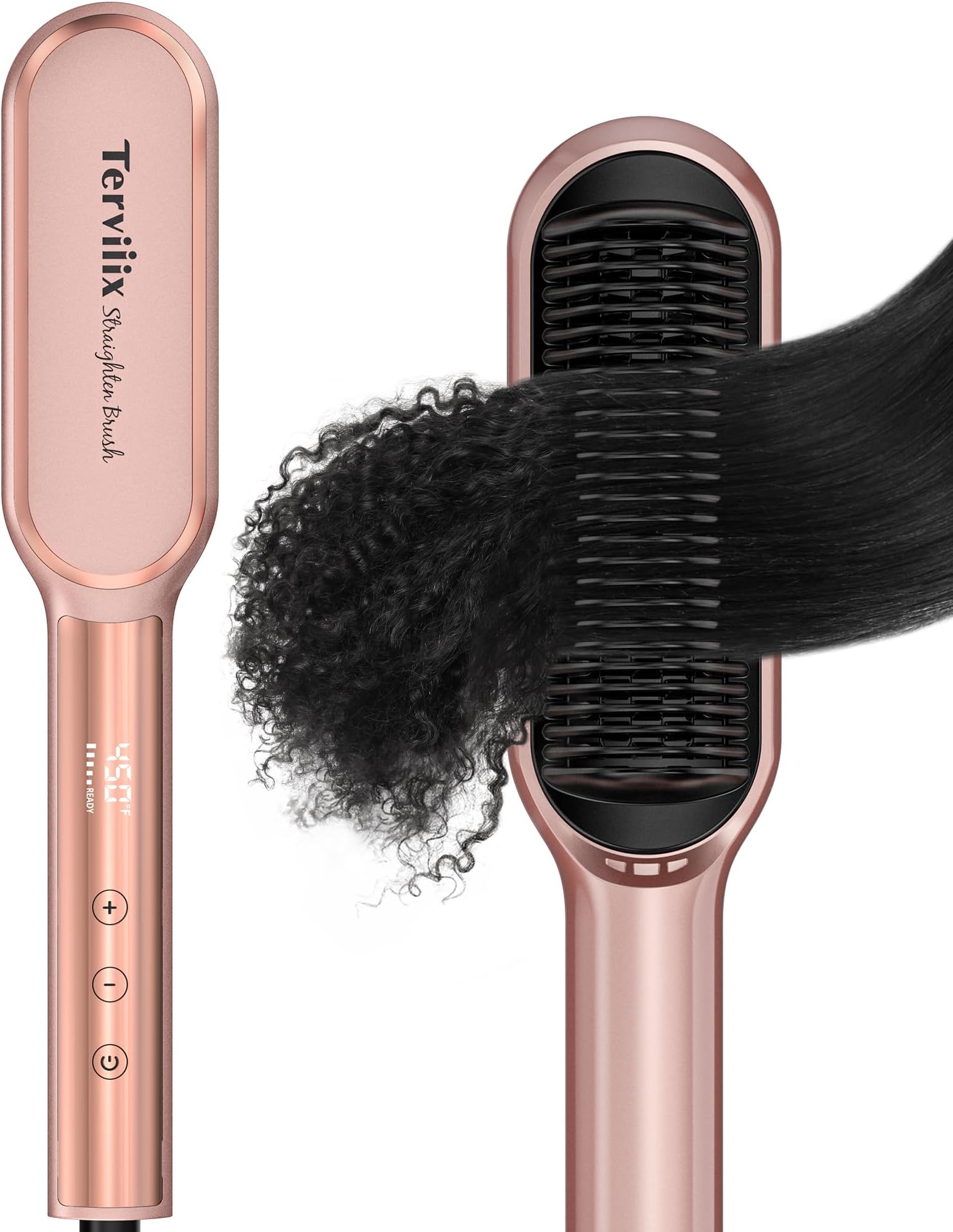 Terviiix Hair Straightener Brush Rose Gold - Ionic Anti-Frizz Hair Straightening Comb with MCH Heater, 13 Heat Settings, Fast Heating 20S, Dual Voltage, for Smooth & Shiny Hair