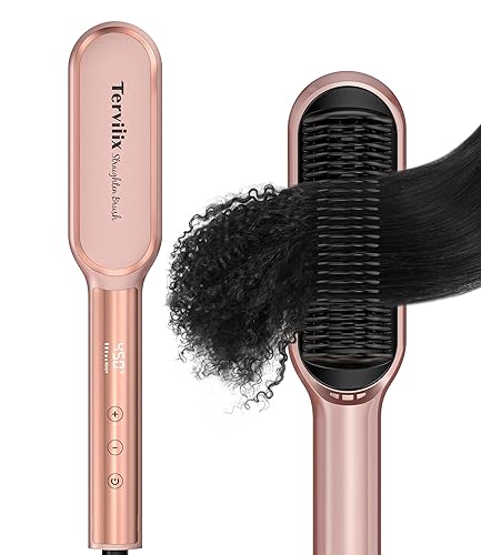 Terviiix Hair Straightener Brush Rose Gold - Ionic Anti-Frizz Hair Straightening Comb with MCH Heater, 13 Heat Settings, Fast Heating 20S, Dual Voltage, for Smooth & Shiny Hair