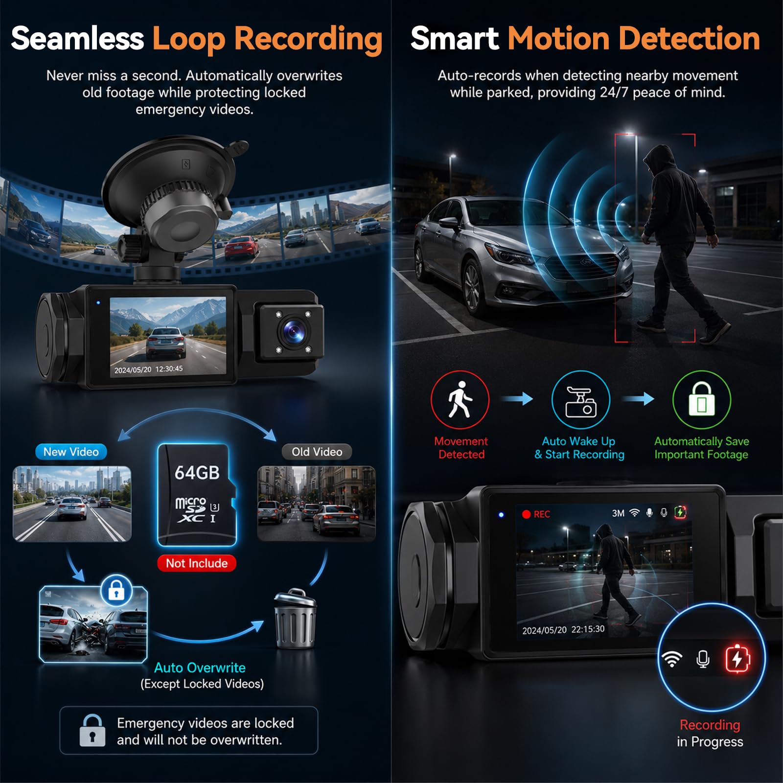 Dashcam 3 Canali Full HD, Mini Camera Auto con WiFi, App, Sensore Movimento | Display IPS 2" con Visione Notturna Avanzata WDR, Registrazione in Loop, Wi-Fi App Viidure, Monitoraggio Parcheggio H24