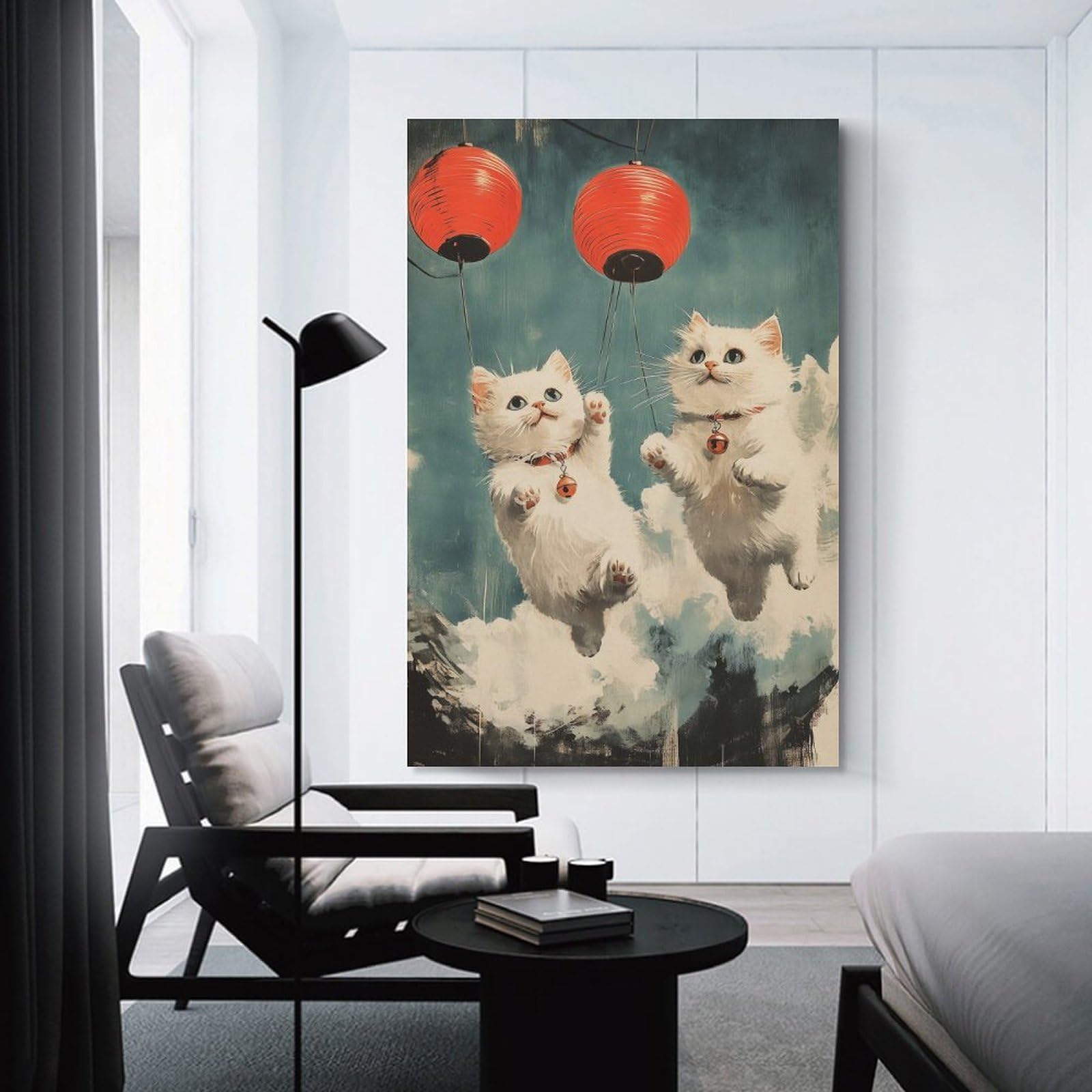 Junmoney Cats Flying with Lanterns Wall Art Print, 20x30inch(50x75cm), for Study, Office Or Focused Interiors, Home Office Artwork with Decorative Appeal