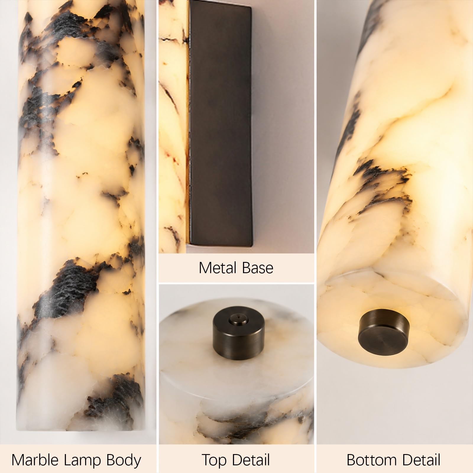 Lámpara de pared LED de piedra natural, lámpara de tocador de baño | Apliques de pared de alabastro de 11,02 pulgadas, lámpara cilíndrica de mármol, Base metálica
