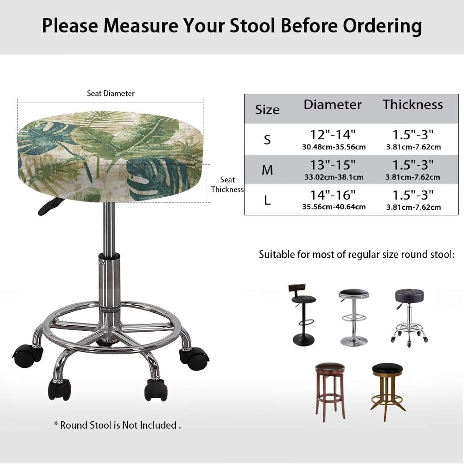 Tropical Leaf Print 2 Pack Stool Covers Round, 16-20 Inch Bar Stool Covers Washable Dustproof Slipcover Seat Cushion with Elastic for Bar Kitchen Living Room Decor