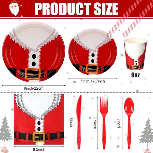 Miniatura 3 de Juego de 175 platos y servilletas de papel de Navidad desechables de Papá Noel para 25 vasos de papel de Navidad con cuchillo, tenedor, cuchara,