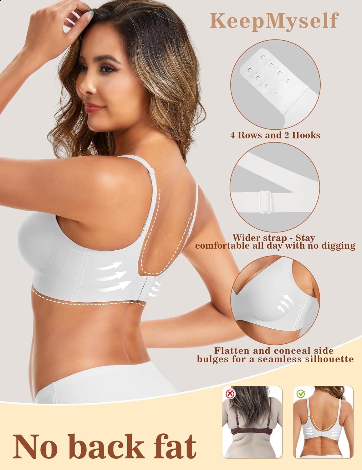 Seamless Deep V Push Up Wireless Bra for Women - Wire Free Plunge Bralette Comfort, No Underwire Tshirt Bra Soft Support, Back Smoothing & Lift for Daily Wear - White M - Image 3