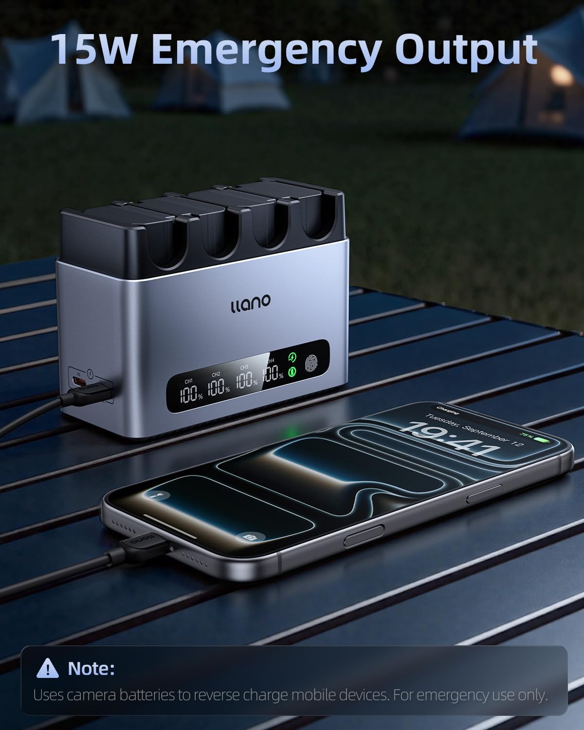 llano 4-Slot EN-EL15C Charger demonstrating 15W emergency output, charging a smartphone via its USB-C port.