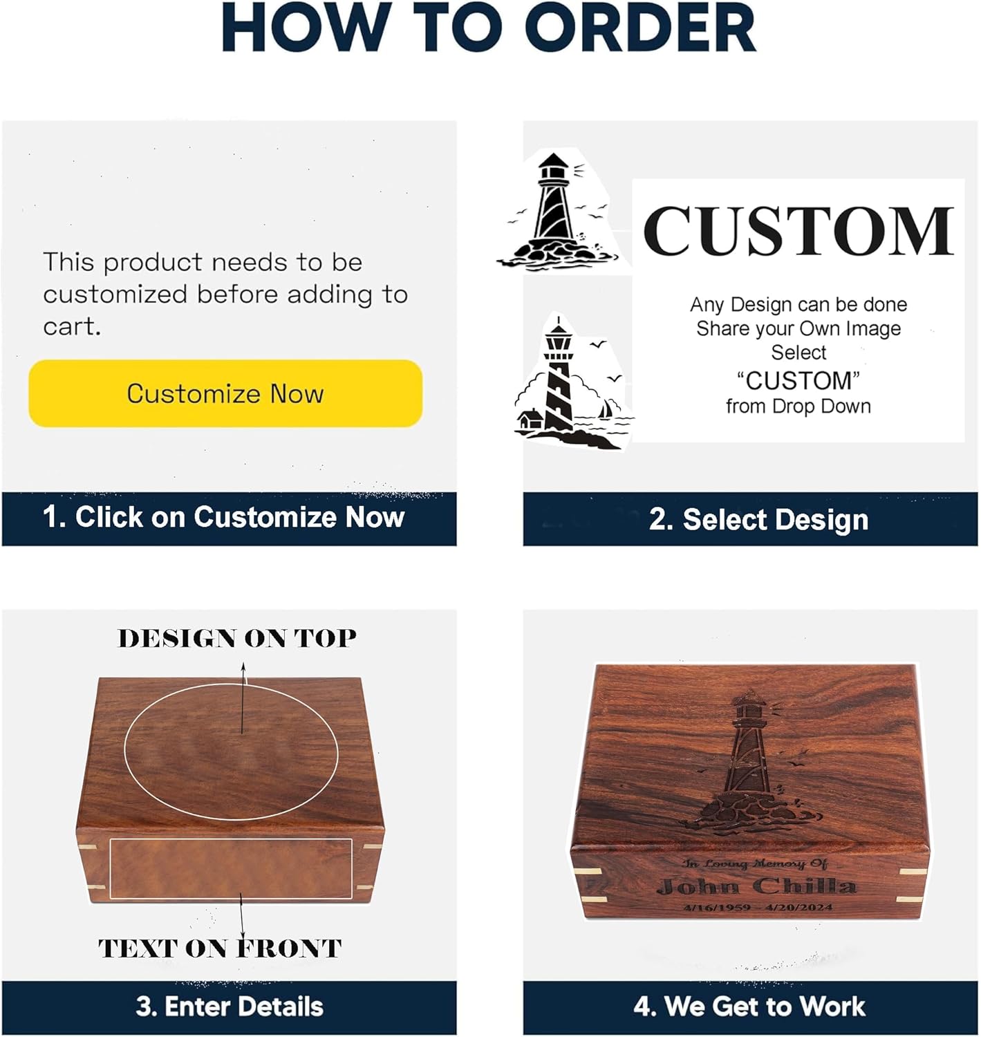 Personalized Lighthouse Wooden Cremation Urn for Human Ashes, Handcrafted Memorial Funeral Urn for Adults, Male/Female, Burial Keepsake Urn for Lighthouse Lovers, Sizes XS to XXL (12–250 lbs Capacity)