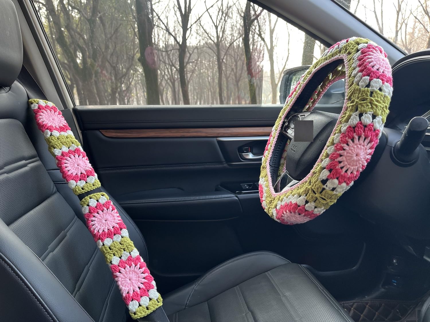 Crochet Sunflower Car Steering Wheel Covers Universal 14-15 inch for Women/Men (A:Wheel Cover+2 Belt Cover)