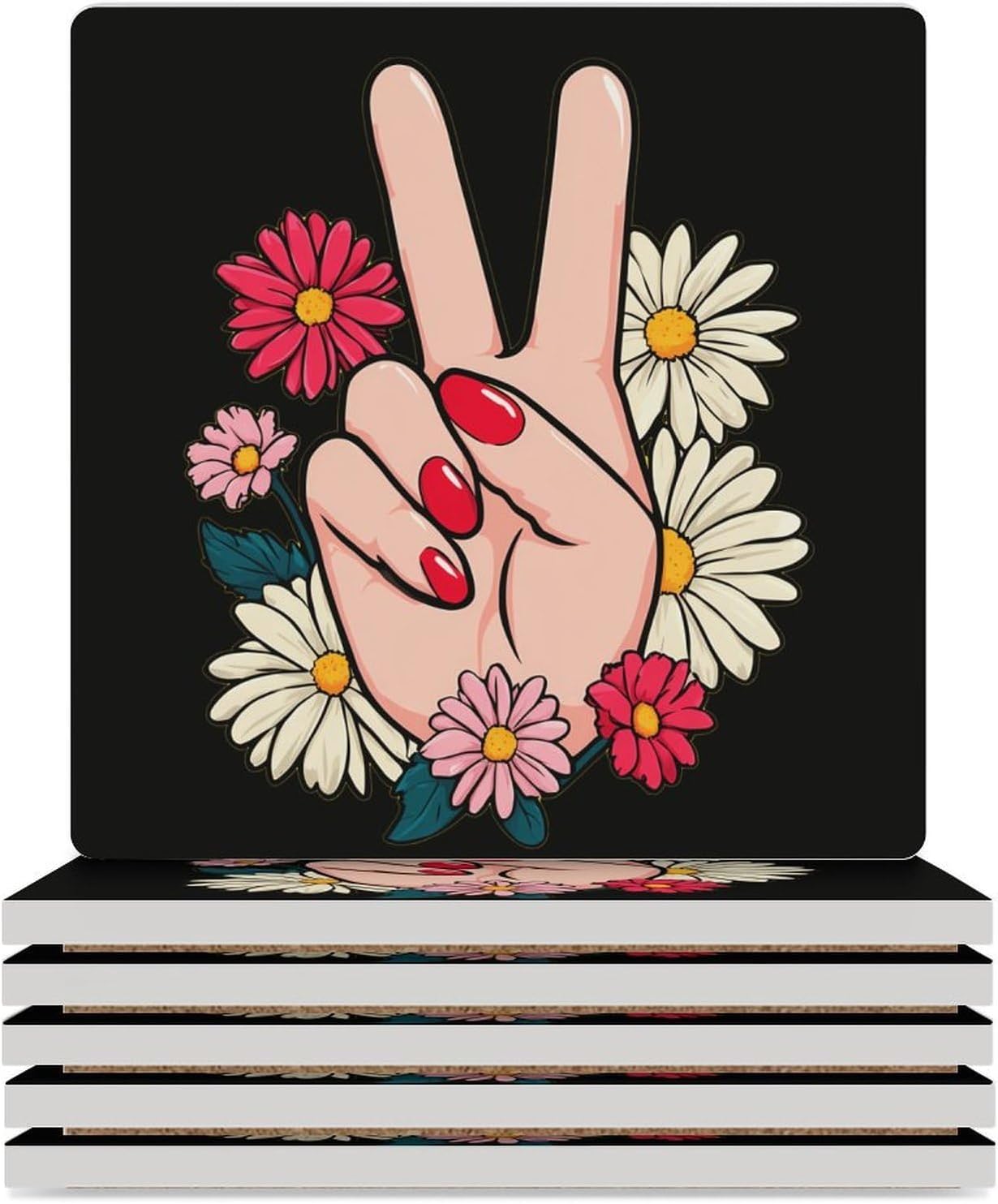 Peace Hand Print Coaster for Drinks Square Ceramic Table Coasters Stone Mat Crafts 6PCS Home Kitchen Decor