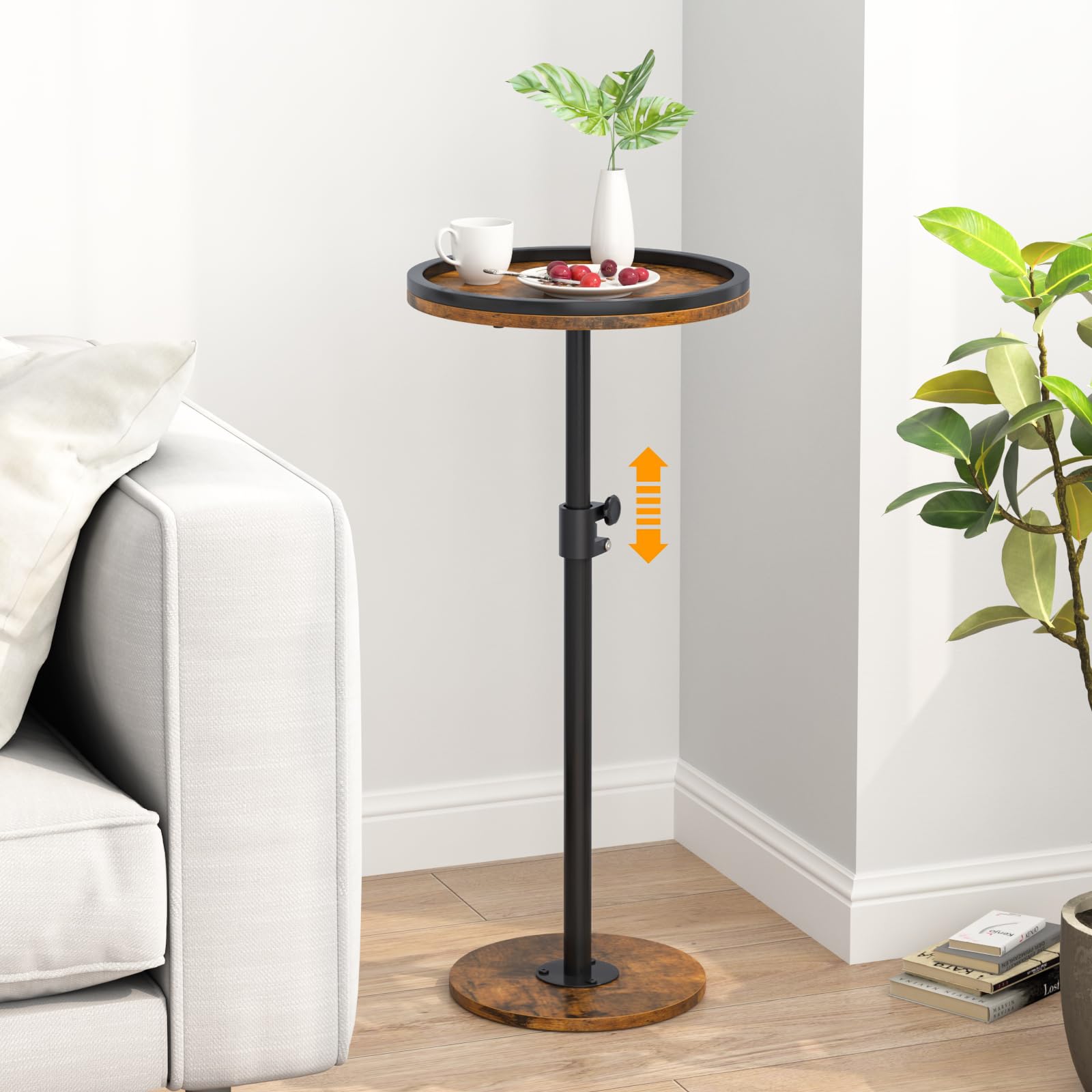 Mesa auxiliar pequeña, mesa de bebidas, mesa auxiliar redonda ajustable en altura, mesa auxiliar de pedestal para espacios pequeños en sala de estar, dormitorio, marrón