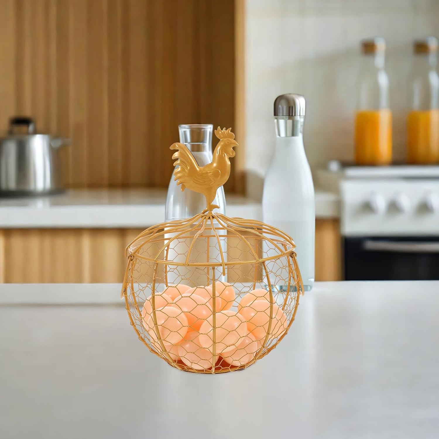 Wire Egg Basket with Handle Gold Metal Wire Decorative Kitchen Food Storage Organizer for Fresh Chicken and Duck Eggs for Countertop and Pantry
