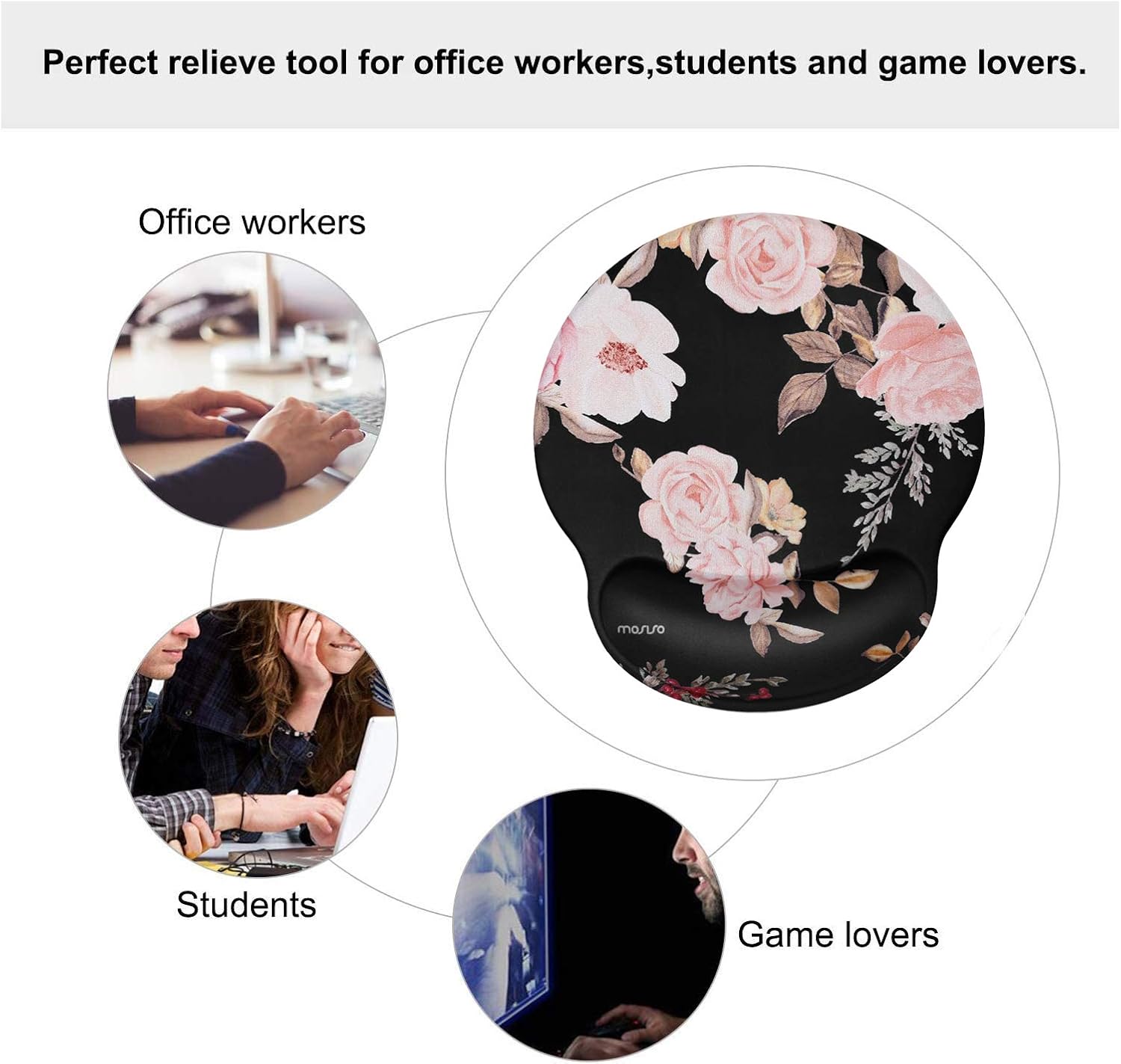 MOSISO Mouse Pad with Wrist Rest Support, Peony Ergonomic Mousepad Non-Slip Base Comfortable Home/Office Pain Relief & Easy Typing Cushion for Laptop with Neoprene Cloth & Raised Memory Foam, Black