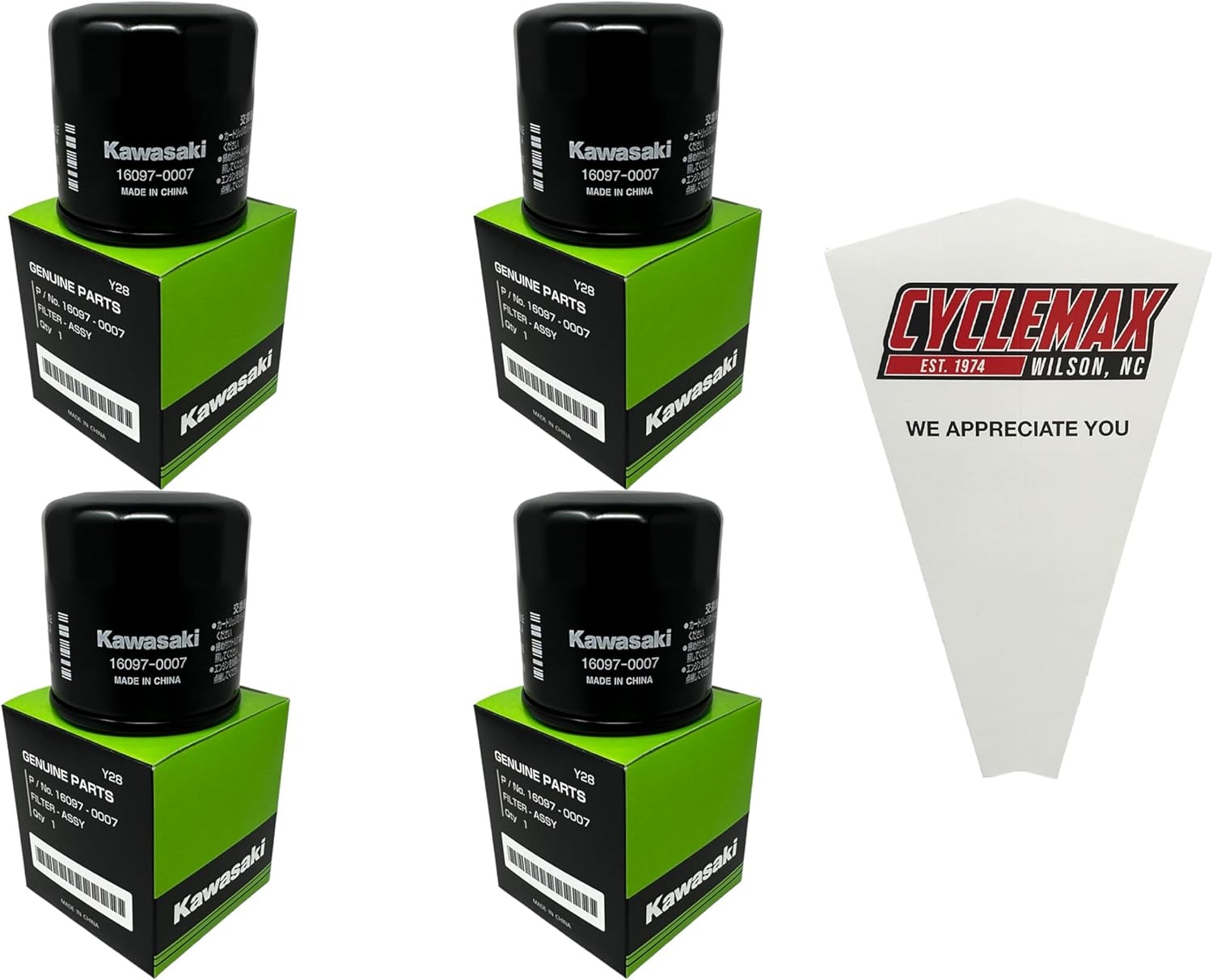 Cyclemax Four Pack compatible with Kawasaki Oil Filter 16097-0007 Contains Four Filters and a Funnel