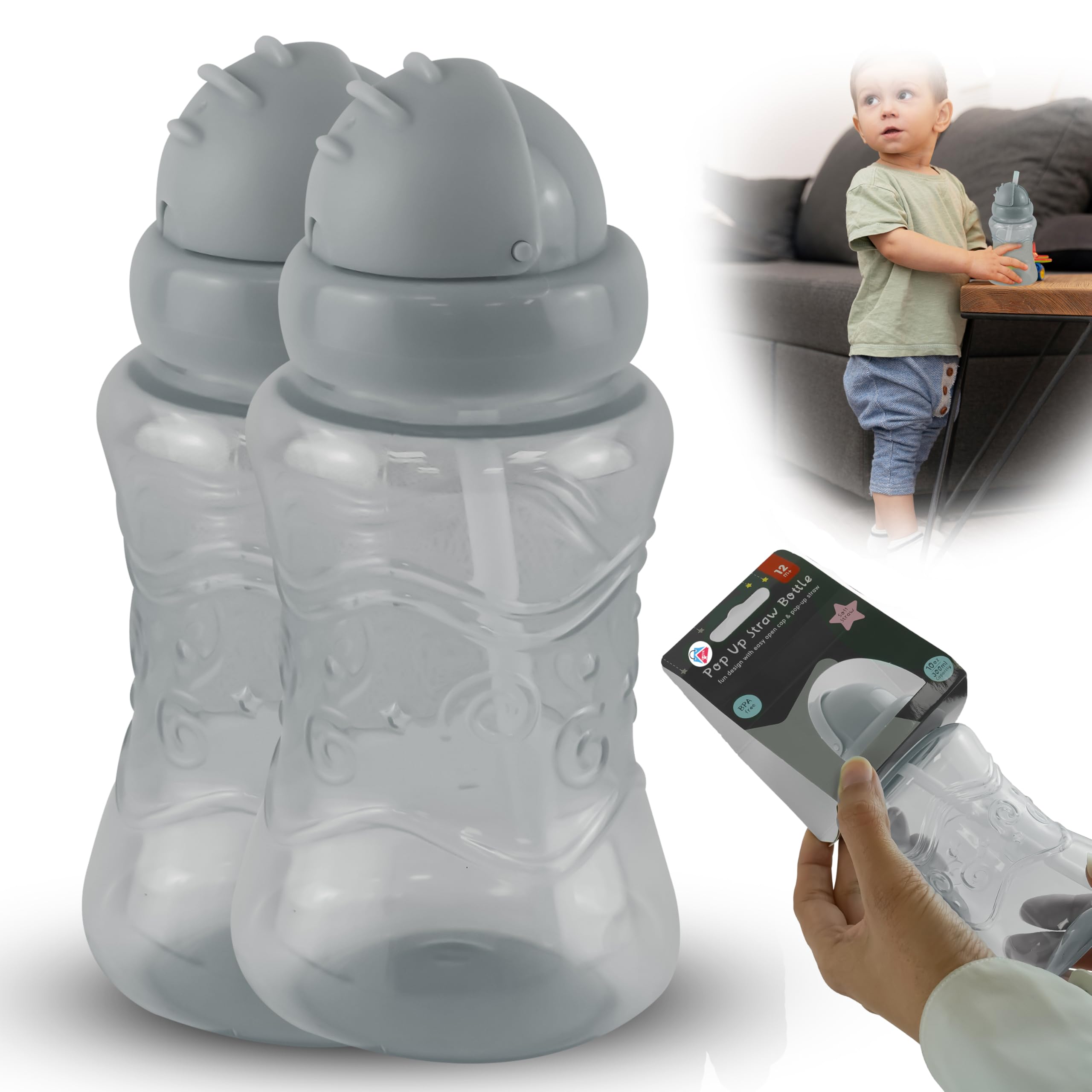 HOVUK 2PCs Grey Baby Bottles with Pop Up Straw 300ML - Baby Straw Sippers, Kiddy Cup Night Toddler Cup, Leak-Proof Silicone Spout with Protective Cap, BPA-Free 12+ Months
