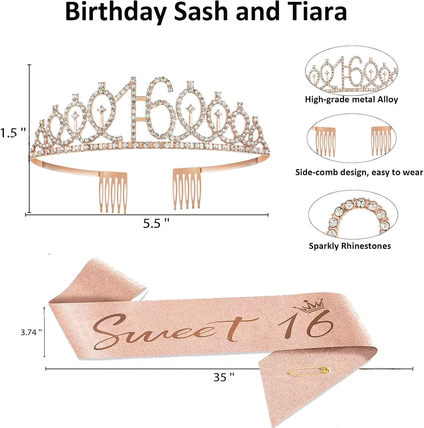 Condition photo showing New/Like New for sweet 16 party decorations, rose gold 16th birthday decorations for girls, happy birthday banner, curtains, cake topper, bday sash and crown, balloons for her sixteen years bday