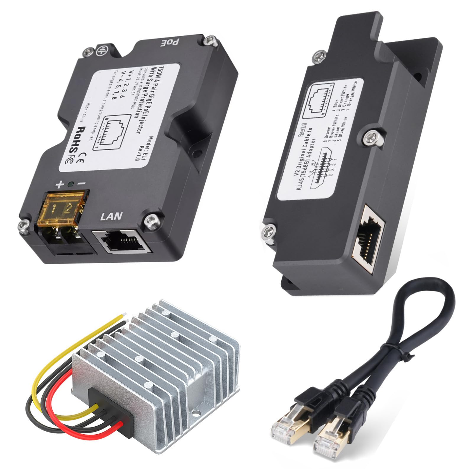 PoE Injector Ethernet Adapter, 150W 1000Mbps Power Ethernet Injector Cable Adapter and DC 12 to 48V Boost Converter, Gigabit Ethernet Satellite Internet Kit for V2