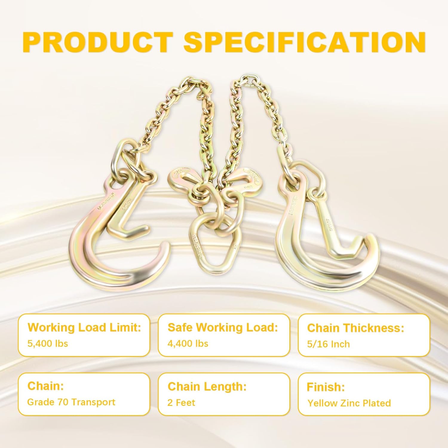 2' x 5/16" G70 V-Chain Bridle w/J Hooks and Grab Hooks, 4400lbs Safe Working Load Towing Hooks for Flatbed Truck Wrecker Recovery