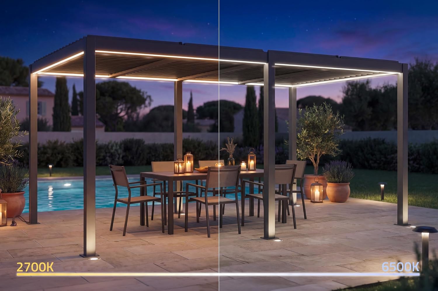Pergola with LED lighting at night, showing color temperature options