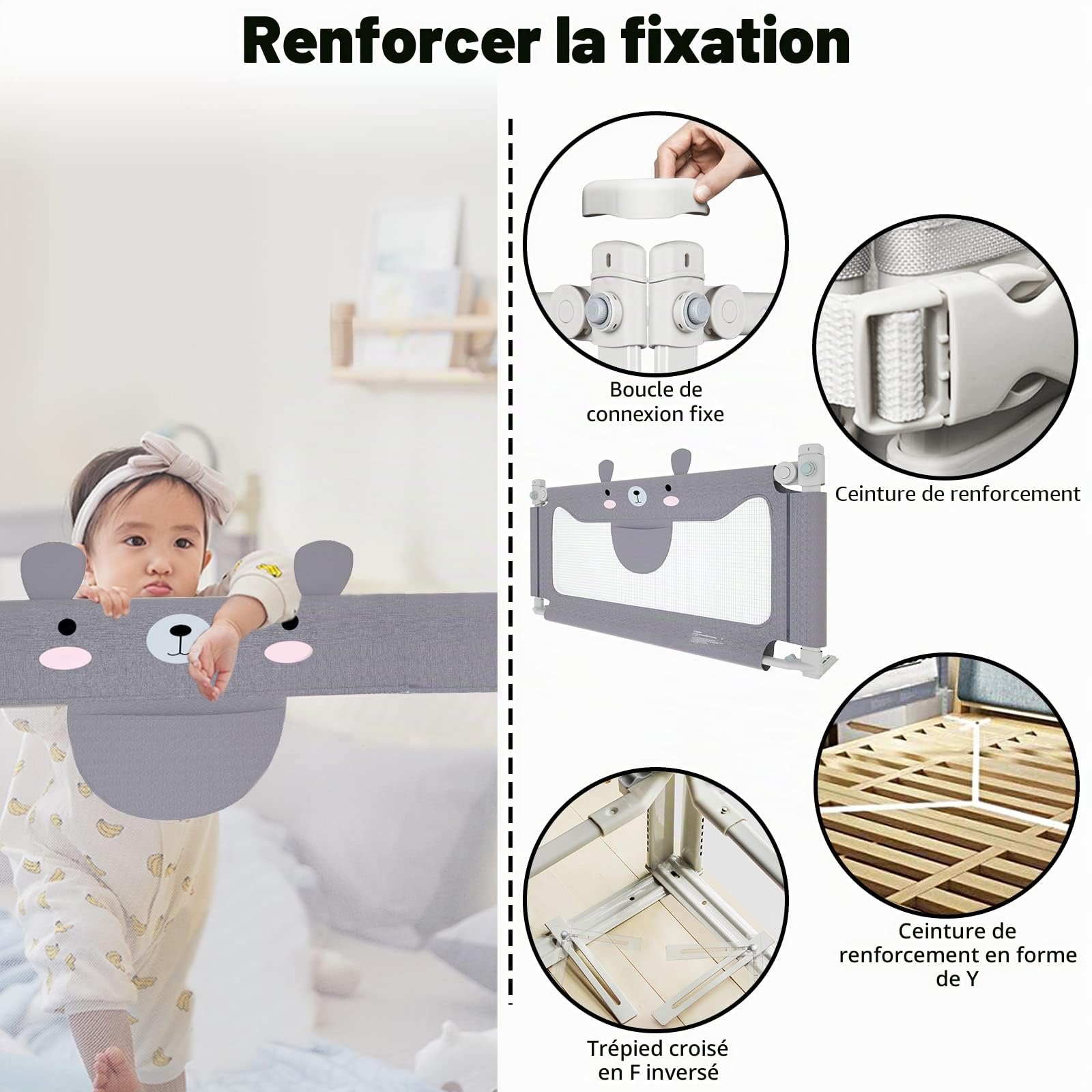 UISEBRT Barrière de lit pour enfants, 180 cm, réglable en hauteur, protection anti-chute, gris