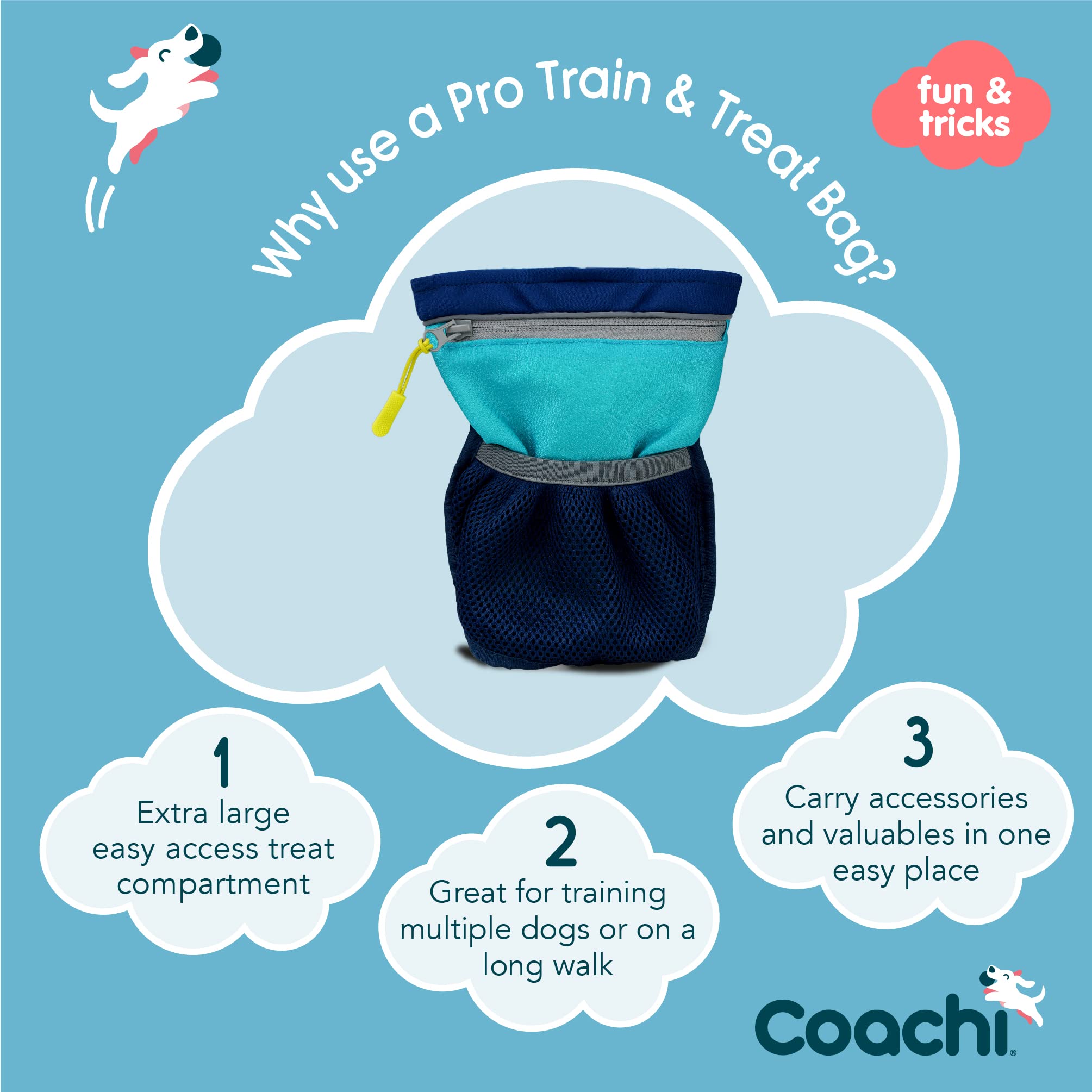 Coachi Pro Train & Treat Saszetka na przysmaki | Granatowy/Błękitny | Bardzo duża pojemność, bezpieczne opcje mocowania, kieszeń na zamek. Idealna na spacery z psem i treningi