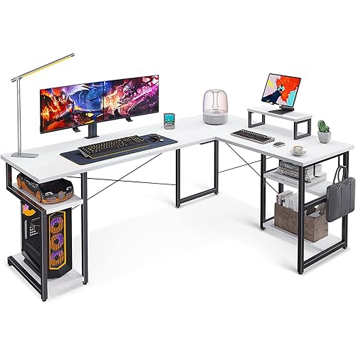 ODK 66" L Shaped Desk Computer Desk with Storage Shelves & PC Stand, Gaming Desk with Monitor Stand, Home Office Writing Desk, Modern Larger Wooden Desk, White