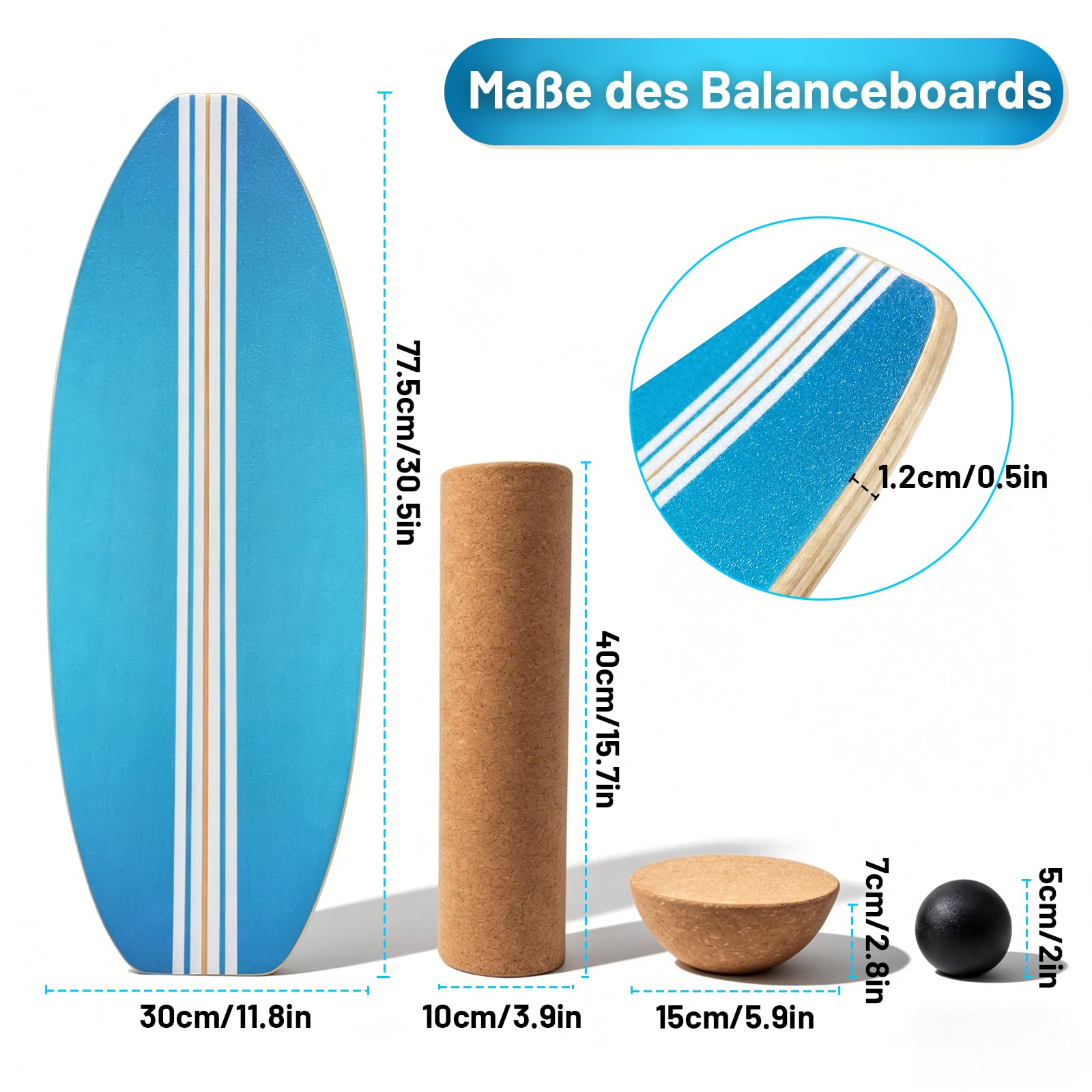 Balance Board Erwachsene Wackelbrett, Gleichgewichtstrainer Holz, Balanceboards für Fitness, Surfin Balance Board, Yoga & Koordination, Korkrolle & Halbkugel und Ball, Rutschfest bis 200kg