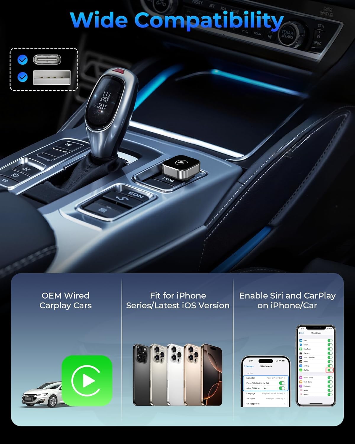 Adattatore CarPlay wireless con cavo CarPlay (USB a C), adattatore Mini CarPlay in metallo per iPhone con iOS 10+ e Android 11+, nessun ritardo (nero)