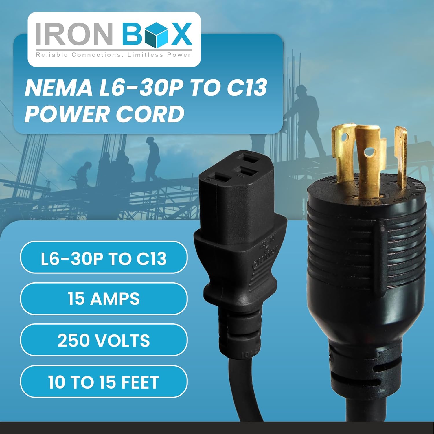 IronBox Electric NEMA L6-30P to C13 Power Cord - 15A, 250V, 14/3 SJT - UL Listed Power Plug and Cable - Heavy Duty Power Supply for Data Centers, PDU, High Powered Devices, Generators and More (10 ft)