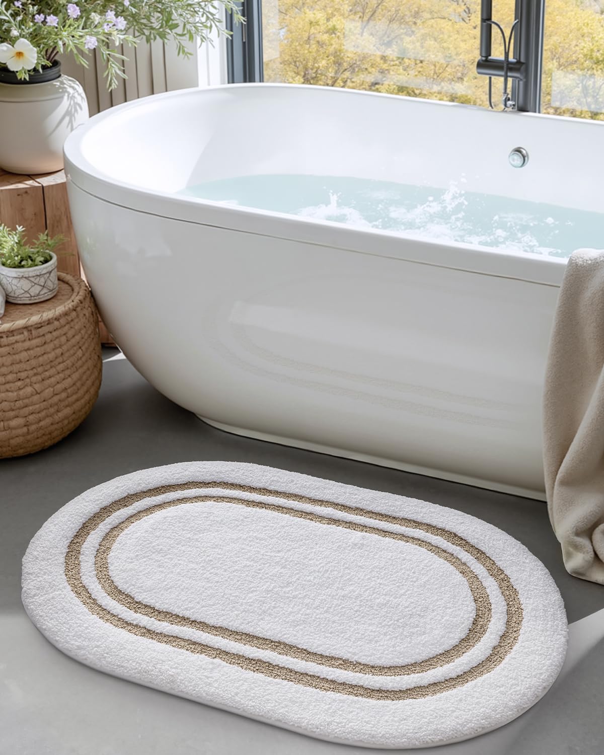 DEXI Tappeto da bagno antiscivolo, lavabile, assorbente, in morbida microfibra, tappeto da bagno ovale per pavimento del bagno, doccia, WC, lavandino, 61 x 91,4 cm, beige
