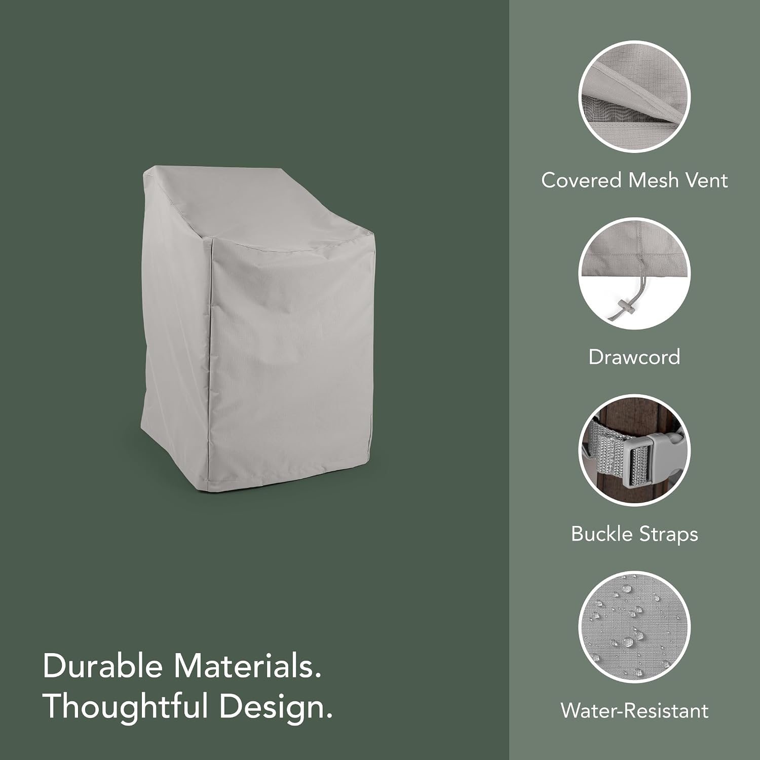 Covermates Ultima Outdoor Stacking Chair Cover – Heavy-Duty Water-Resistant 600D Polyester with Drawcord Hem, Mesh Vents, Fits Patio Garden & Deck Chairs, 26W x 28D x 48H, Ripstop Grey