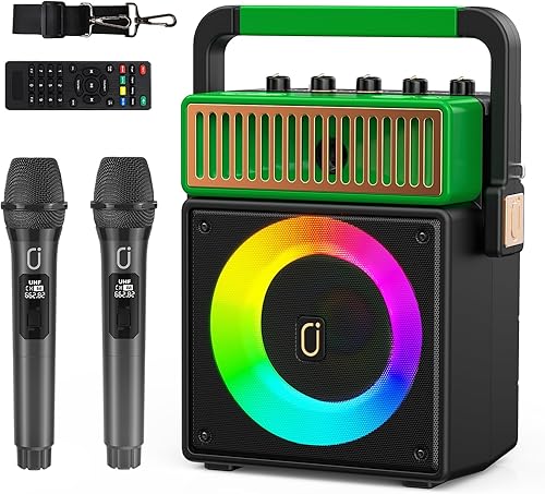 JYX Máquina de karaoke mejorada con 2 micrófonos inalámbricos, altavoz Bluetooth portátil para niños y adultos, sistema de altavoces PA con luces