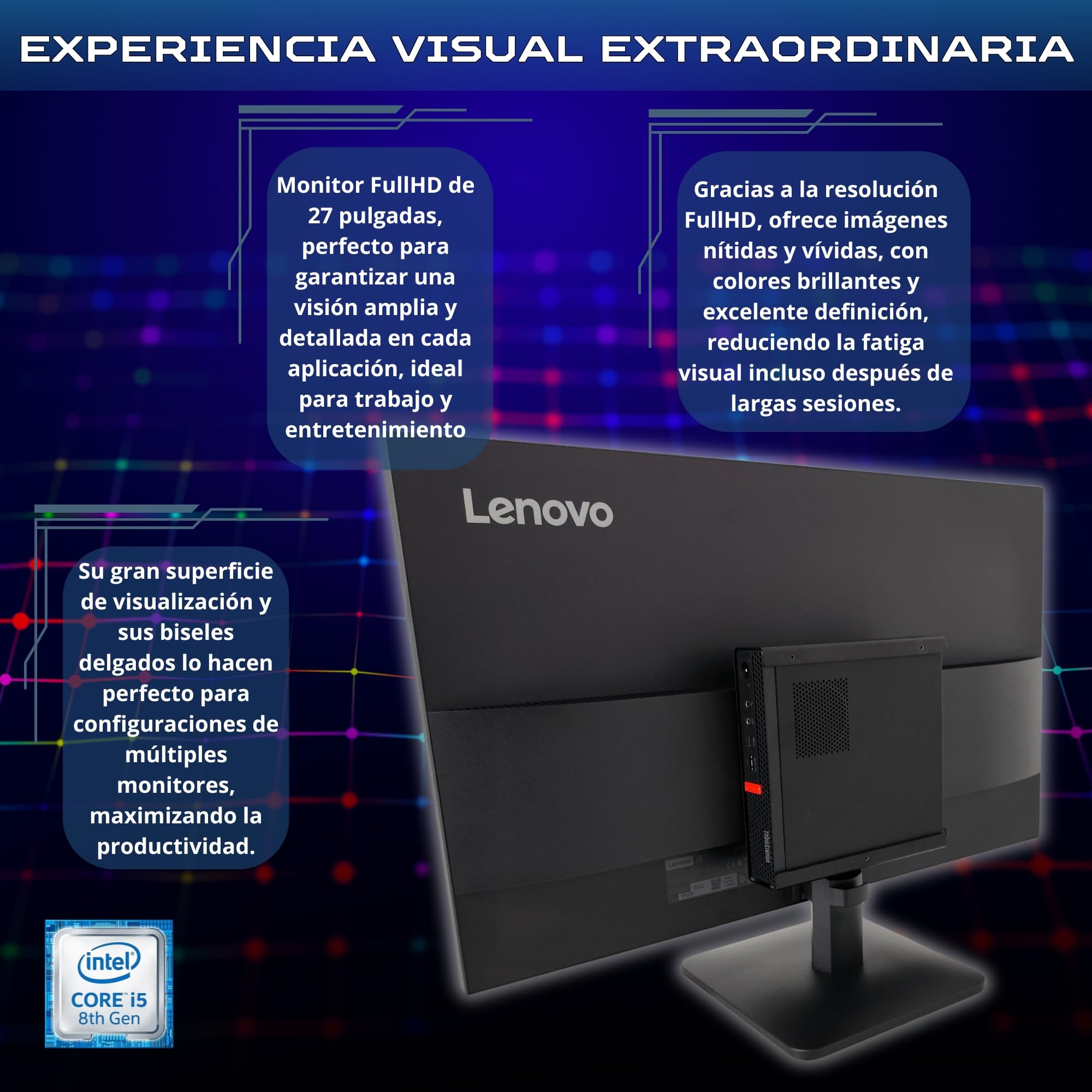 Lenovo Computadora Completa con Monitor 27" i5 8500 16GB RAM 1 Tera SSD Win 11 Pro Office 2021 Pro 36 Monate Garantie -c27-40