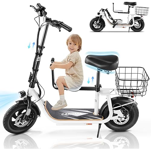 Caroma Peak 1200W/800W Electric Scooter with Seat, 30 Miles Max Range, Electric Scooter Adults, Up to 20MPH Foldable Escooter with Kid Seat,Key Start Adjustable E-Scooter