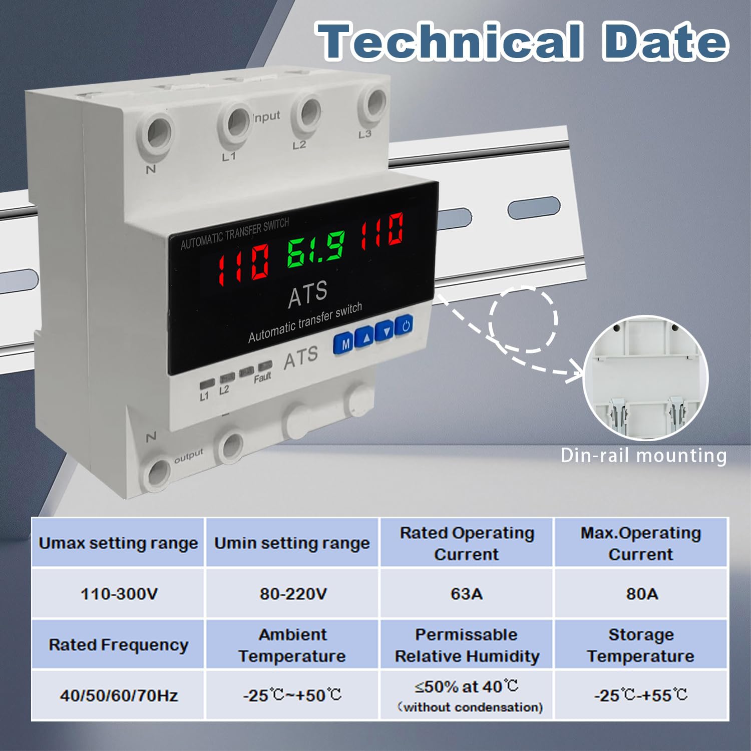 2P Automatic Transfer Switch with LCD Display, 63A 110V Double Power ATS with 3 Digital Displays for Input Real-Time Volrage/Current Monitoring, Automatic Changeover for Utility/Generator/Solar