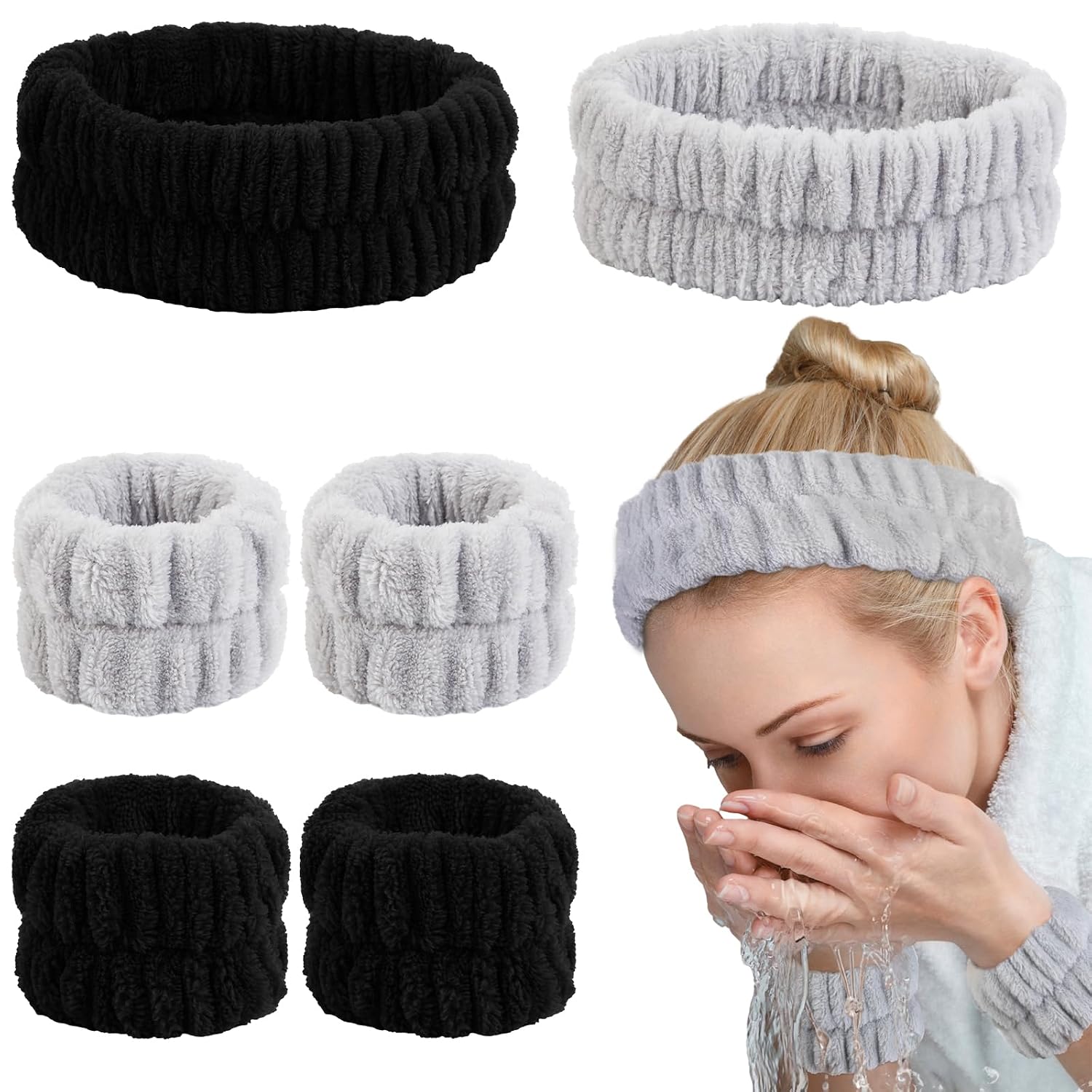 Huachi 6PCS Spa Headband and Wristband Set, Fluffy Hair Band for Washing Face Skincare Makeup Spa, Face Wash Headbands for Women Girls Trendy Stuff Gifts Hair Accessories, Black & Gray